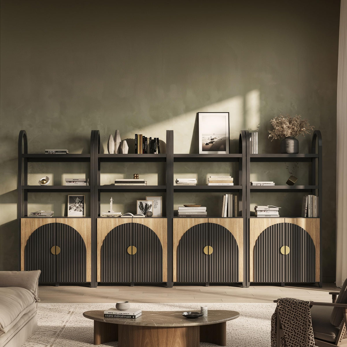 BELLEZE Book Shelf 72" Tall Arched Bookcase with Storage, 5 Tier Mid Century Modern Fluted Bookshelf with Doors, Modular Bookshelves for Living Room Office Library (Camel)