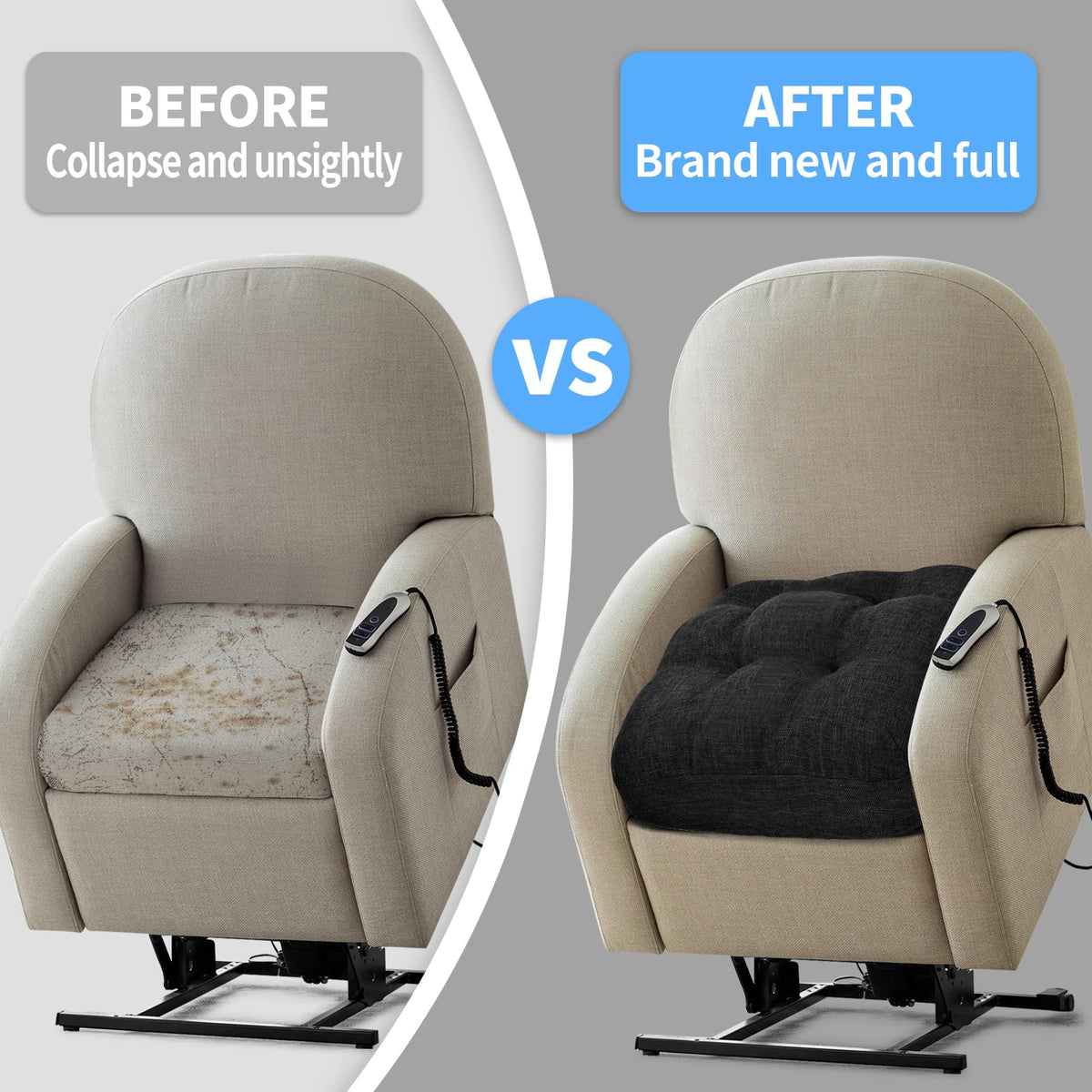 BUYUE Natural Latex Foam Support Chair Cushion for Elderly, 2-Tier Removable, 2-Faced Reversible Recliner Chair Pad Couch Armchair Seat Cushion Replacement, 20" x 20" x 5", Black
