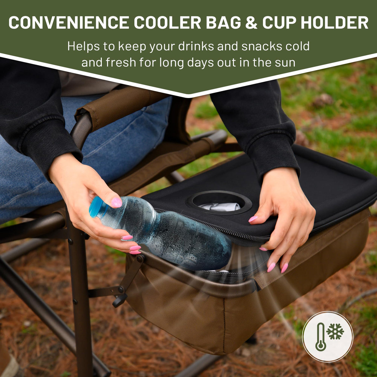 TIMBER RIDGE Folding Camping Chair with Cooler Bag, Director Chair Foldable with Side Table for Adults, Camp Chairs for Outdoor, Lawn, Sports, Fishing, Heavy Duty Supports 300lbs, Earth Brown