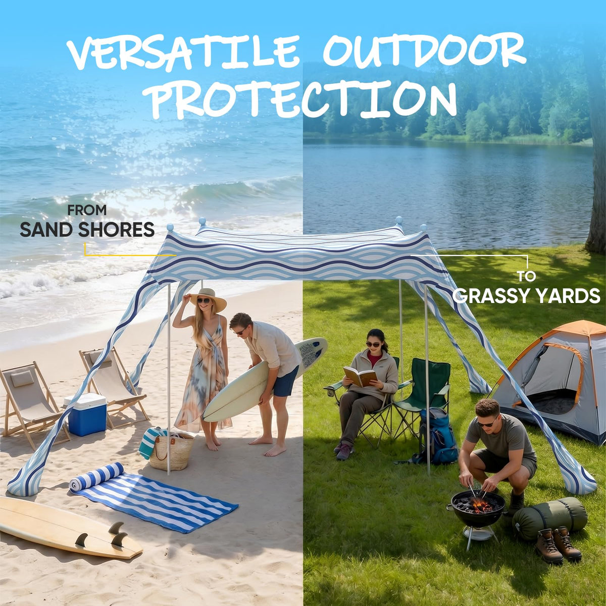 Sekey Aluminum Beach Shade Sun Shelter UPF 50+ - 10x10 FT Portable Beach Canopy with Windproof Rope & Stability Poles, Easy Setup Outdoor Tent for Camping, Backyard, Fishing, Picnics
