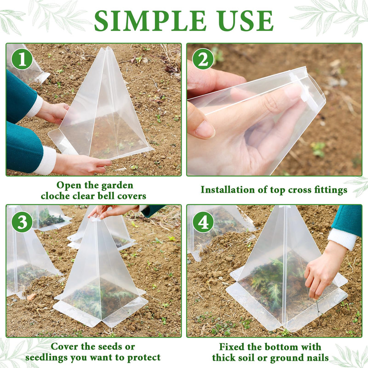 Niuyhe Garden Cloches for Plants, 20 Pack Plastic Small Plant Seedling Protector, Reusable Clear Bell Covers with 40pcs Metal Stakes, Mini Greenhouse Against Sun, Frost, Snails, Birds, 7.8" x 11"