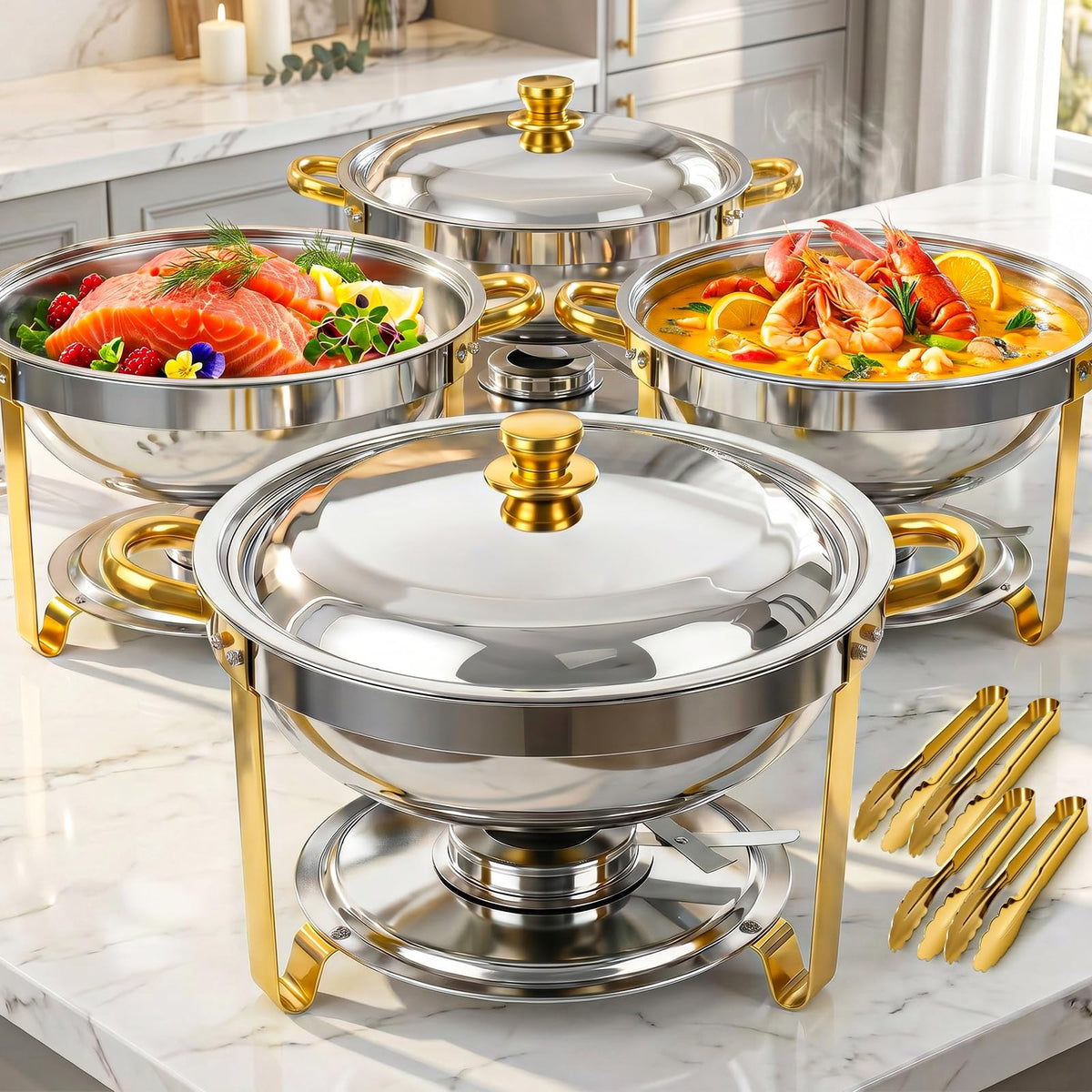 POWERFUEL Chafing Dishes for Buffet, 4 Pack 6QT Round Stainless Steel Chafers Sets with 4 Serving Tongs, Rolled-Edge Food Warmers for Parties, Catering, Weddings, Events Dinners