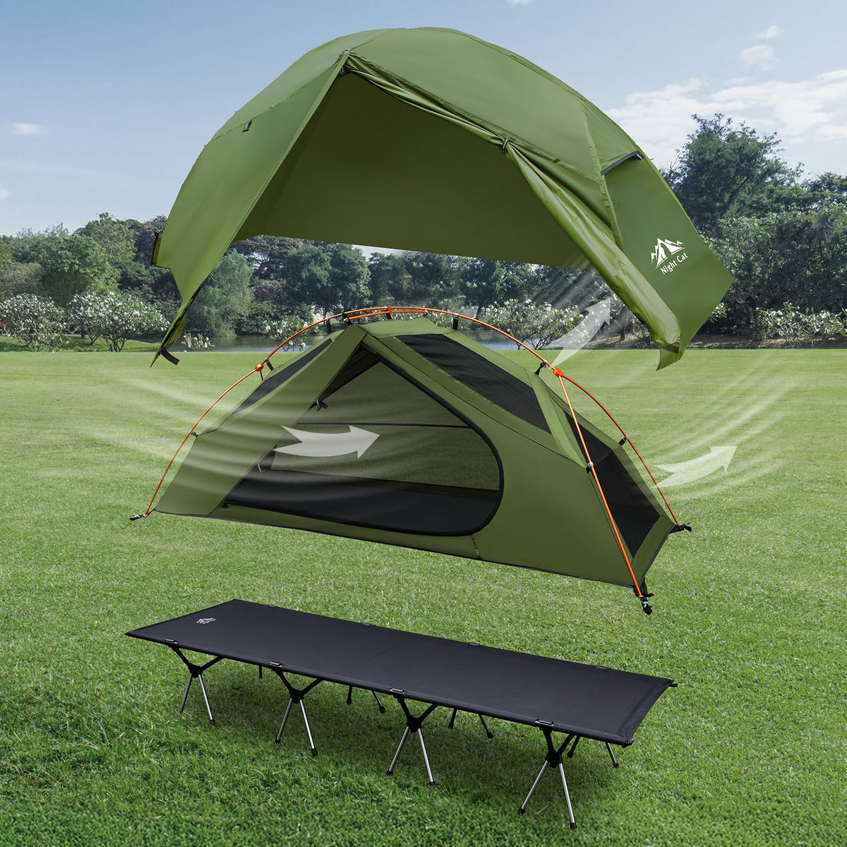 Night Cat Camping Cot Tent - Waterproof 1-Person Off-Ground Combo Cot Bed for Adults Portable Easy Set-up Tent Green 27.5'' Width