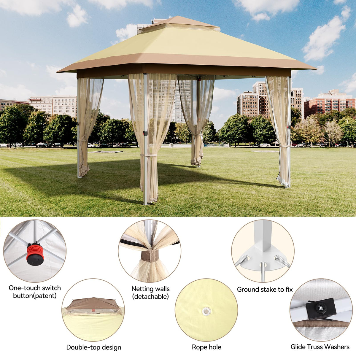 10x10 Pop Up Gazebo Tent with Mosquito Netting & Water,Resistant Oxford Canopy with Roller Bag,Instant Setup Outdoor Shelter for Backyard, Patio, Parties, Weddings, Outdoor Dining，Beige+Khaki