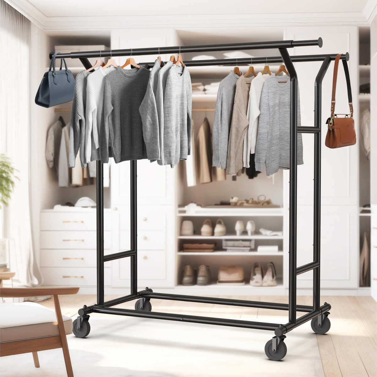 Simple Houseware Heavy Duty Double Rail Clothing Garment Rack, Holds Up to 200 lbs, 43 to 67 Inches Extendable Rod, Black