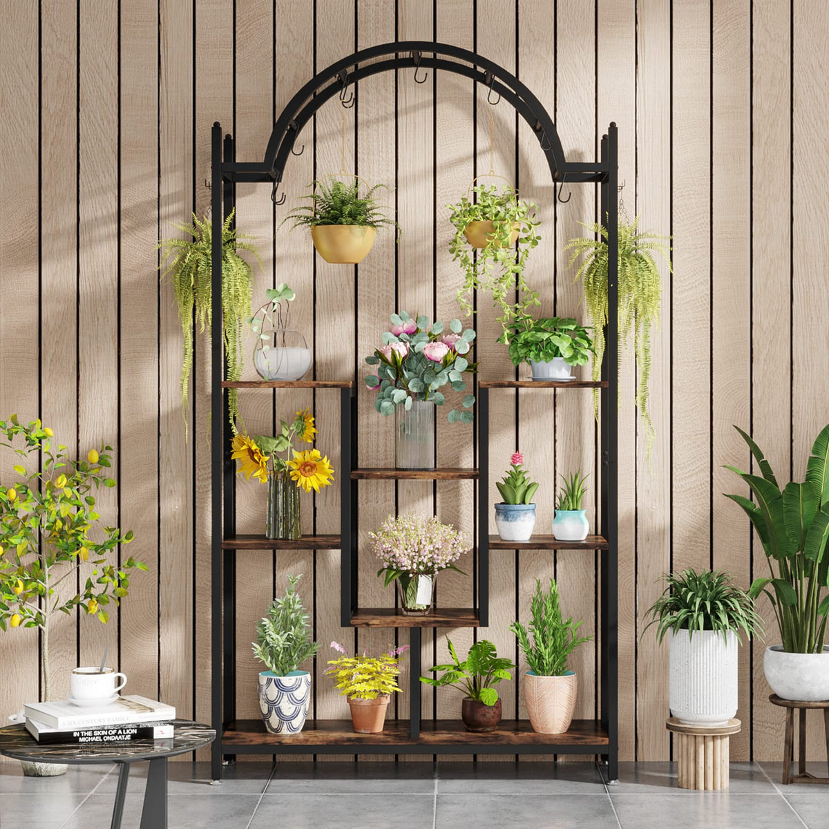 Tribesigns 5-Tier Tall Indoor Plant Stand, 74.8'' Arched Metal Flower Shelf with Hanging Hooks, Large Bonsai Pots Display Rack for Indoor, Balcony, Living Room