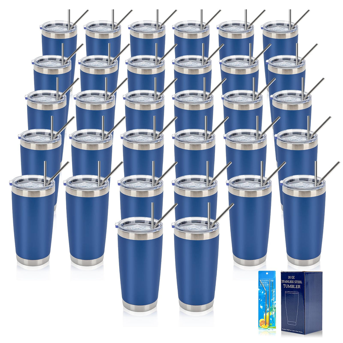 IEOVIEE 32 Pack, 20oz Stainless Steel Bulk Tumblers with Lids and Straws, Double Wall Insulated Travel Coffee Mug, Durable Powder Coated Tumbler Bulk Cup for Cold and Hot Drinks(Dark Blue)