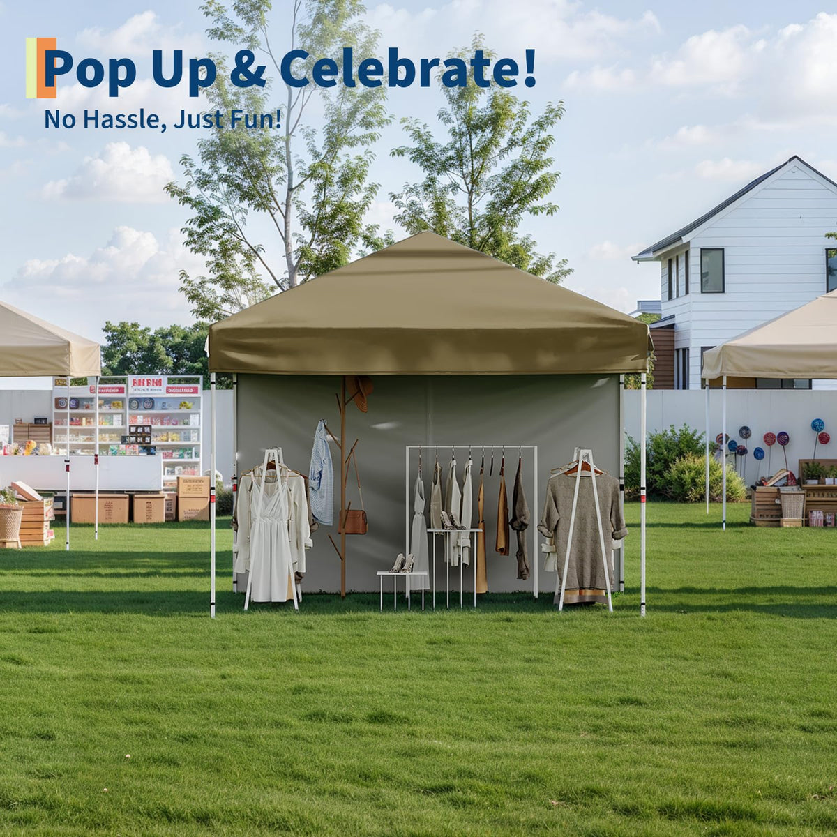 GarveeLife 10x10 Pop Up Canopy with One Button Push Setup - Heavy Duty Outdoor Canopy Tent with Portable Roller Bag - 3 Adjustable Height, 4 Weight Bags, 8 Stakes & 4 Guy Ropes Included, Brown