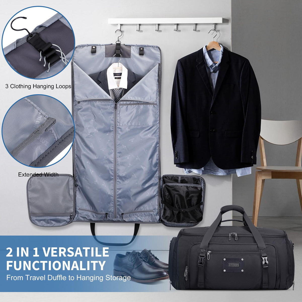 WITZMAN Mens Garment Duffle Bags for Travel Convertible Carry-on Suit Garment Bag for Men Hanging Clothes with Shoe Compartment（B724 Black）
