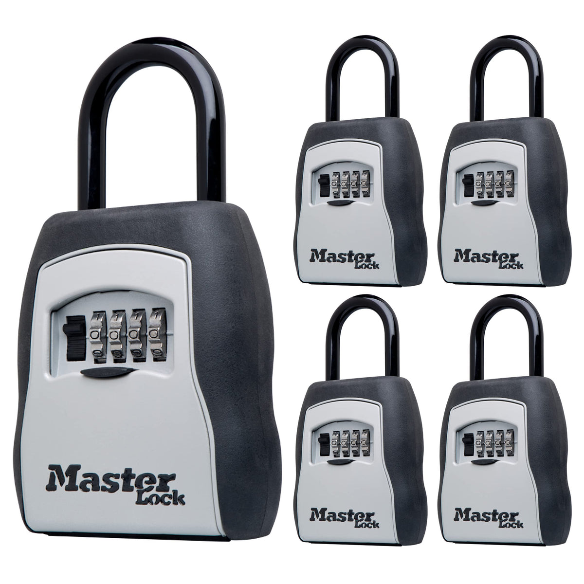 Master Lock Key Lock Box for House Keys – Outdoor Portable Combination Lockbox with Resettable 4 Digit Code, Weather Resistant Durable Metal Body, Holds 5 Keys, 5400EC5, Black, 5 Pack