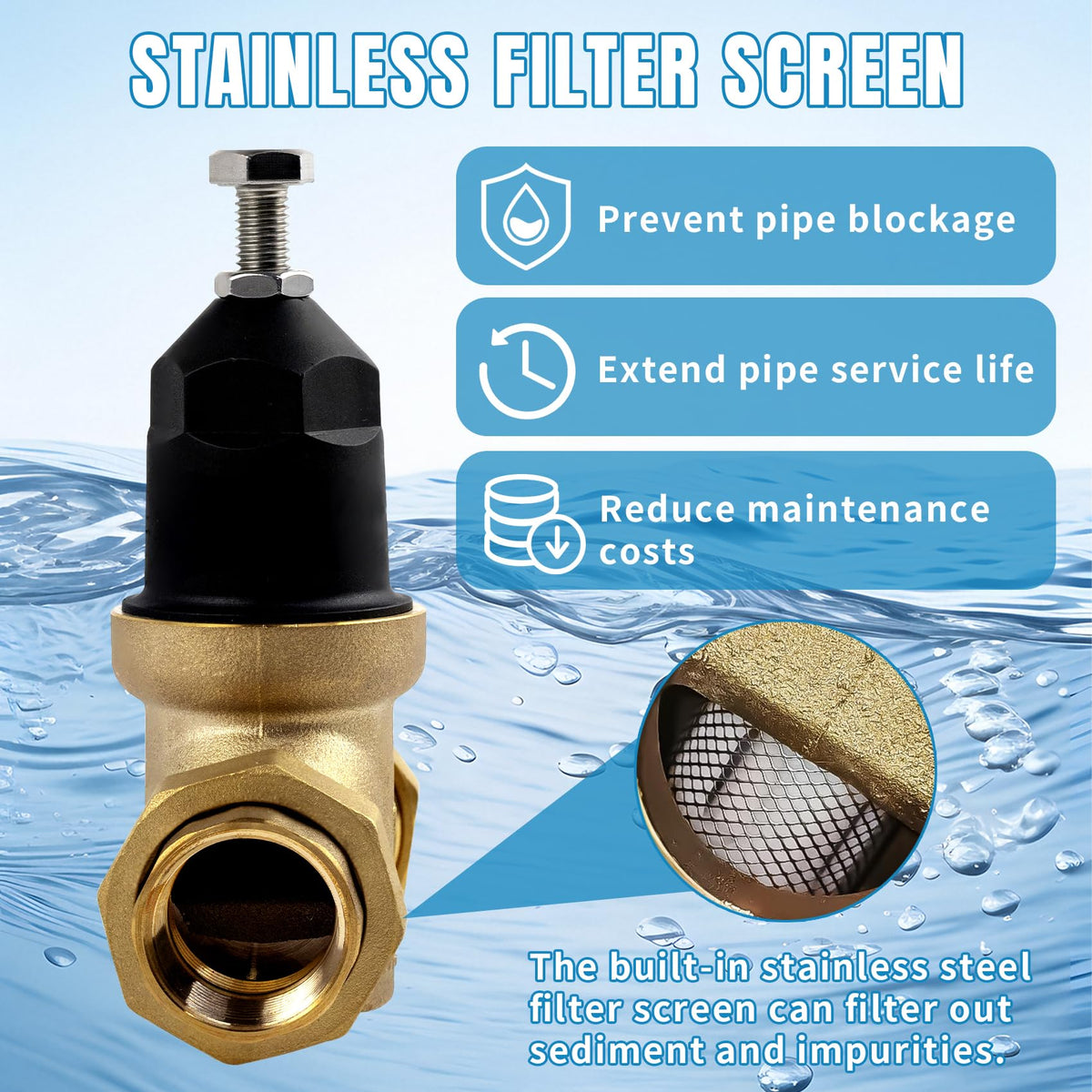 2026 Upgrade 1" Water Pressure Reducing Valve Replace for Zurn Wilkins 1-NR3XL 1" NR3XL Pressure Reducing Valve, Stainless Steel Strainer Screen, House Water Pressure Regulator with Teflon Tape