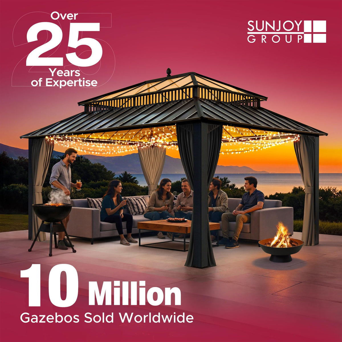 SUNJOY Outdoor Fireplace with Wood Storage and Chimney, Steel Metal Wood Burning Fire Pit with Mesh Spark Screen Door & Fire Poker, Fireplace Tool and PVC Cover, for Patio Garden Deck Backyard, Brown