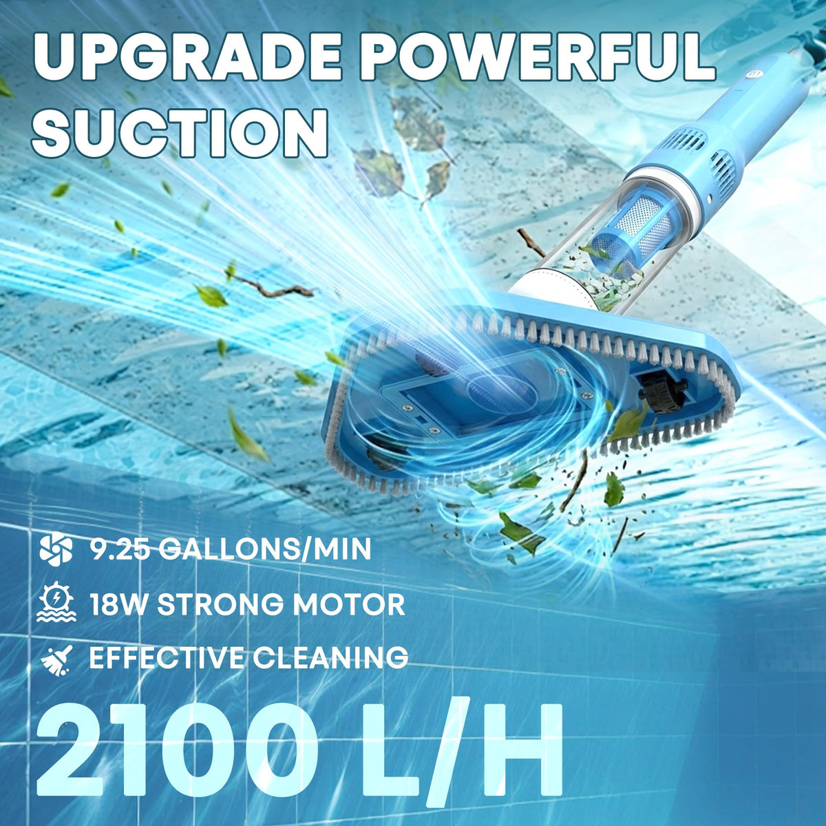 3-in-1 Cordless Pool Vacuum for Above Ground Pool, Handheld Spa Hot Tub Vacuum with 3 Brush Heads, 9.25 GPM Powerful Suction, 70 Mins Running Time, 6.04Ft Max Working Depth, Ideal for Leaves, Debris