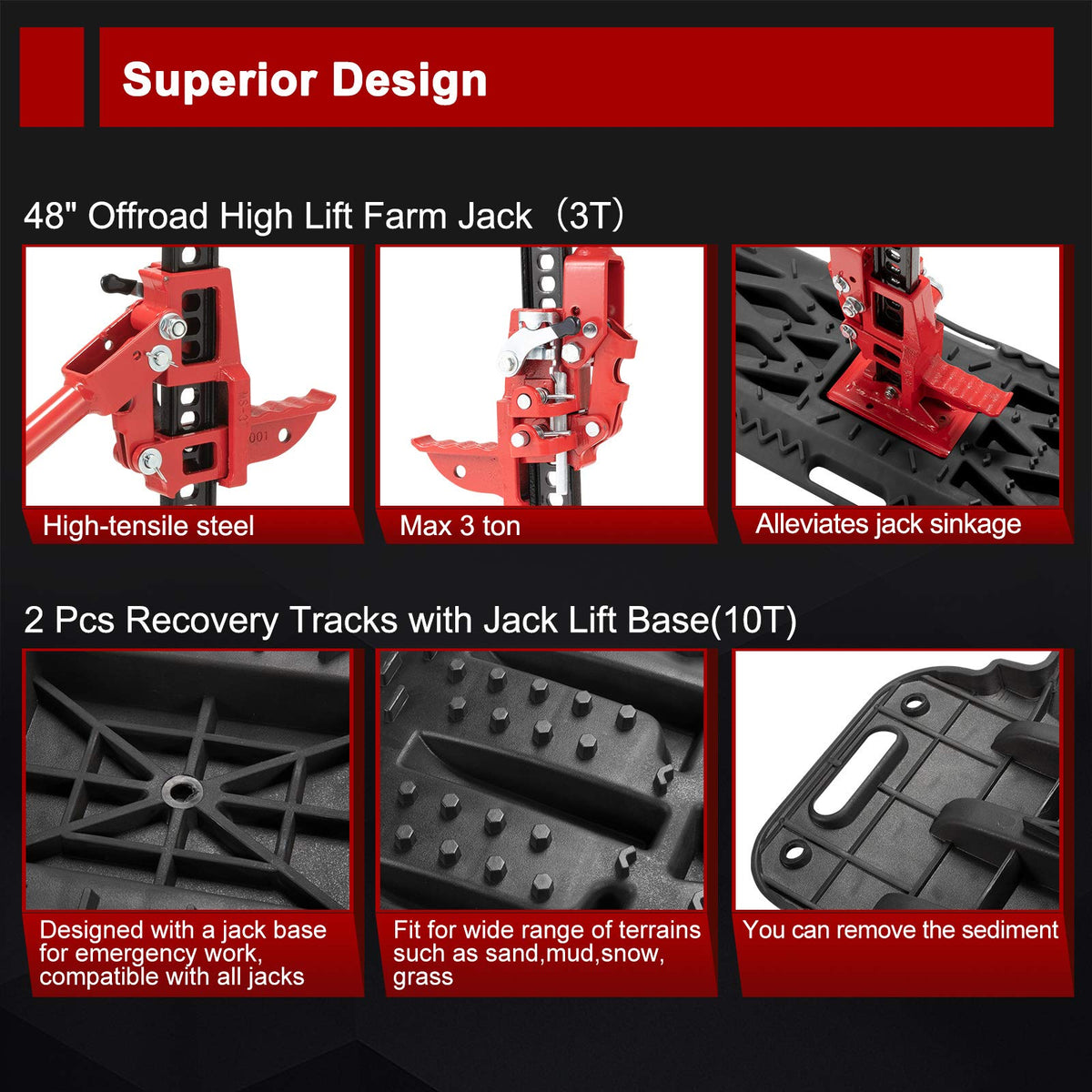 BUNKER INDUST Offroad High Lift Jack with Pair Traction Board Mate + 2Pcs Synthetic Soft Shackle Rope