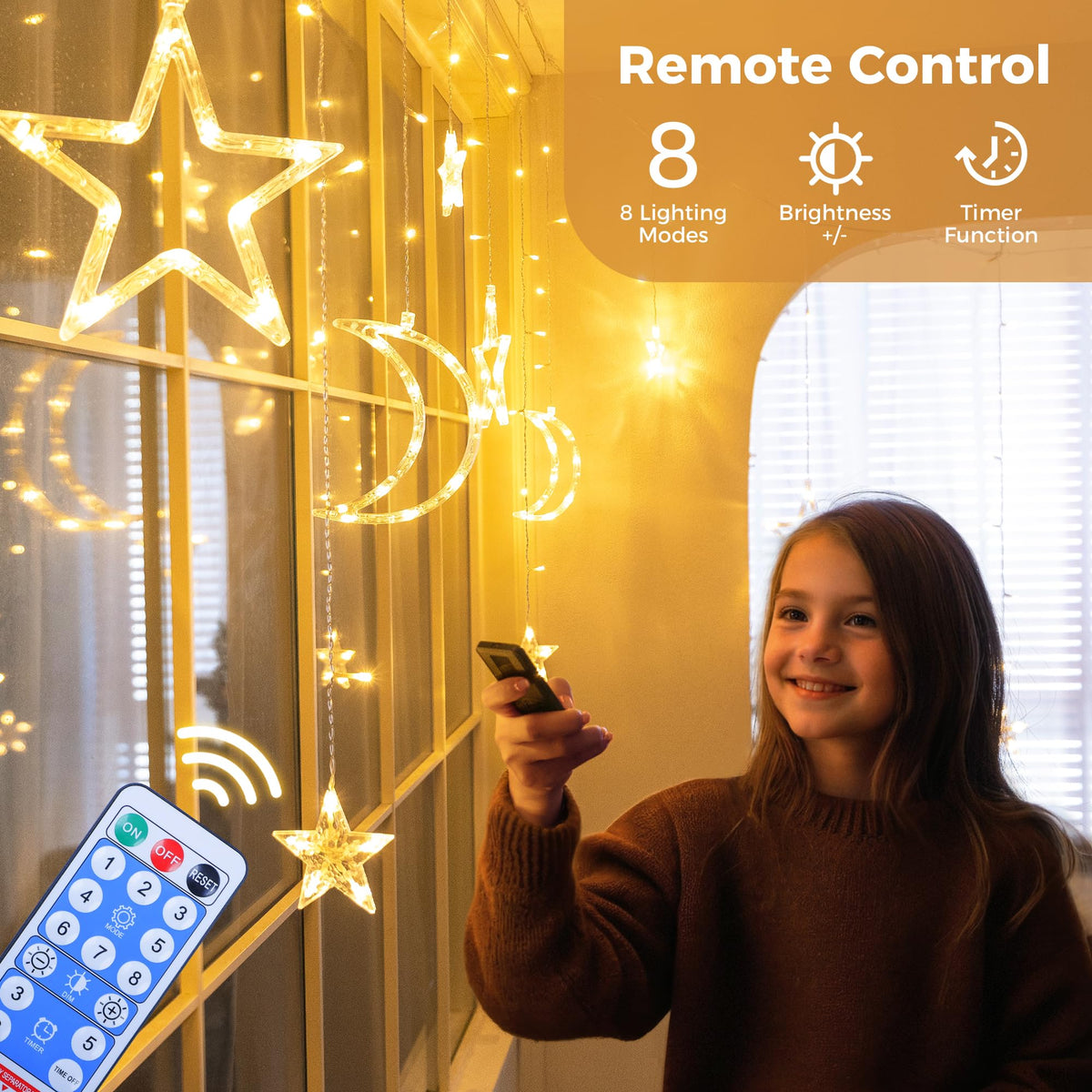 Qunlight Ramadan Solar Icicle Lights,10.8ft 138 LED Outdoor Waterproof Moons Stars Curtain Window String with 8 Modes Timer Remote,USB Rechargeable Connectable Warm White Hanging Decor for Patio