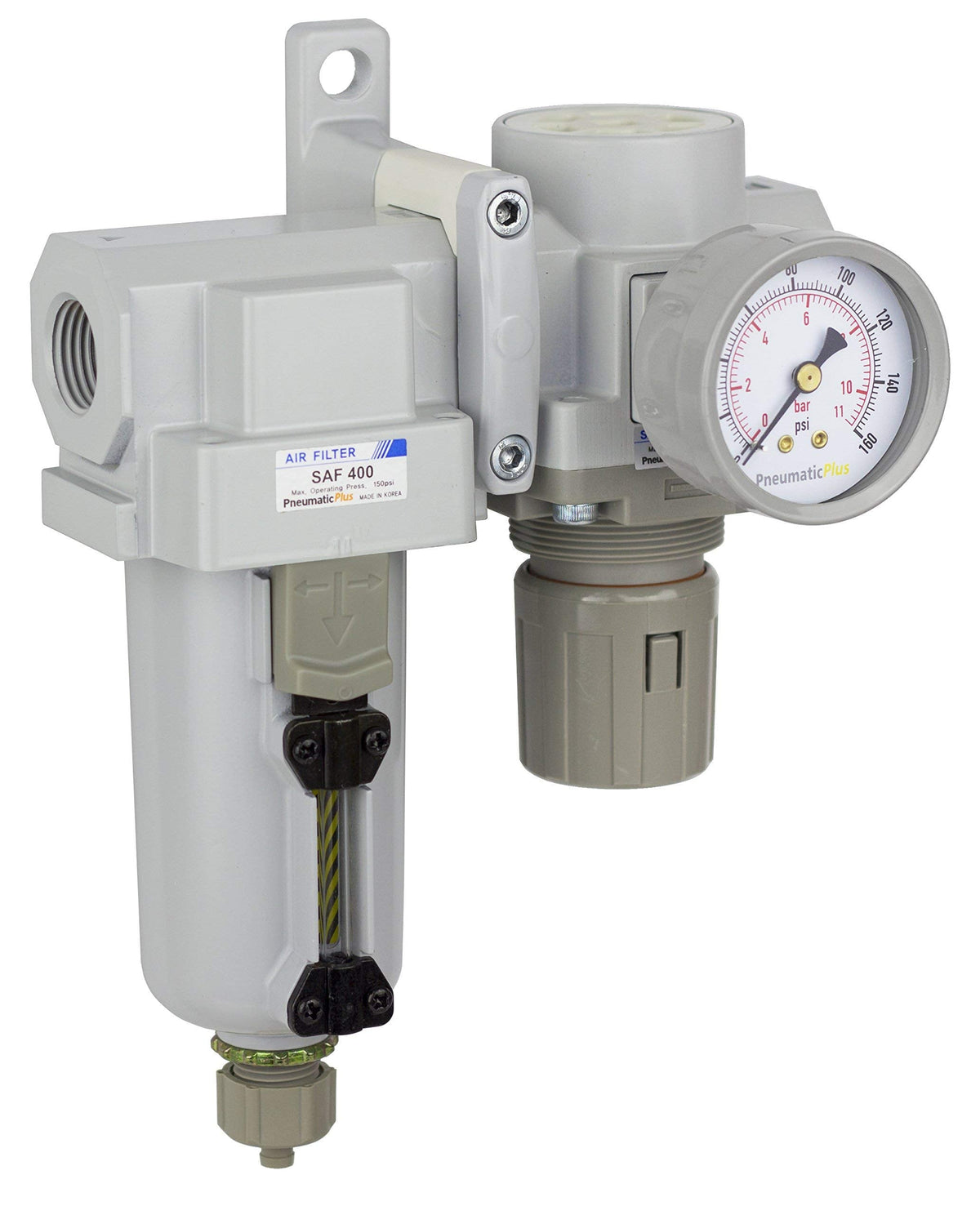 PneumaticPlus SAU420-N04G-MEP Compressed Air Filter Regulator Combo 1/2" NPT - Metal Bowl, Manual Drain, Bracket, Gauge