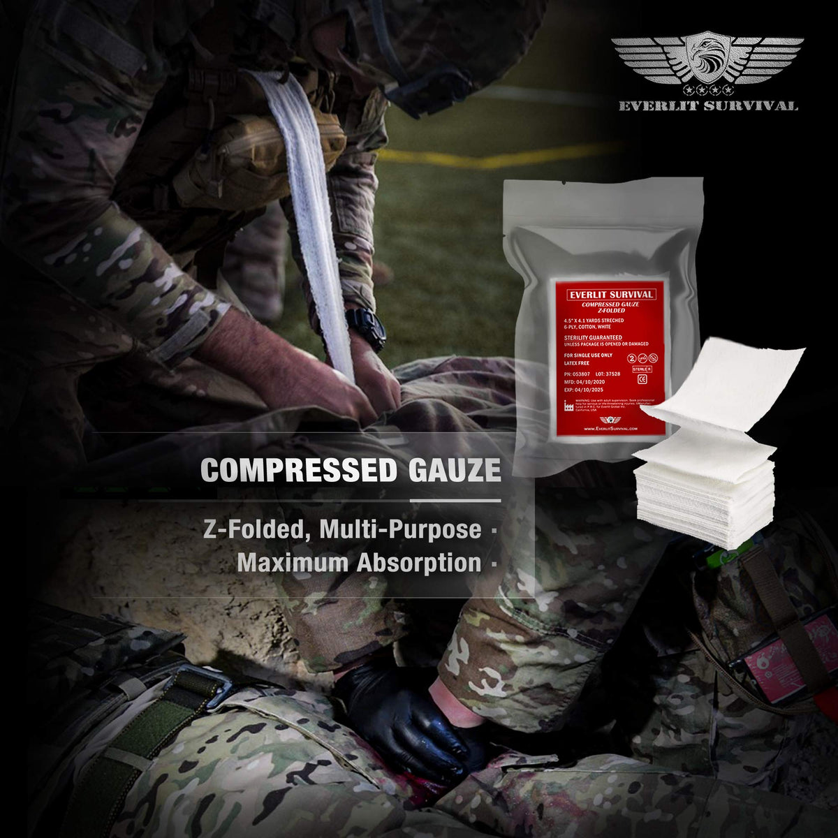 EVERLIT Advanced Emergency Trauma Kit, CAT GEN-7 Tourniquet Mil-Spec Nylon Laser Cut Pouch with 36" Splint, Military Combat Tactical IFAK for First Aid Response Bleeding Control (OD Green)