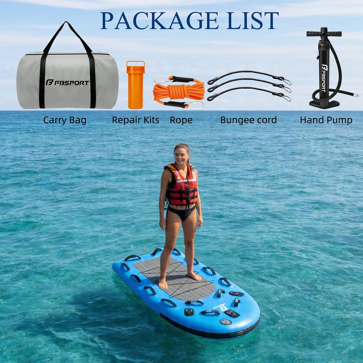 FBSPORT Inflatable Water Rescue Sled, Drop-Stitch PVC Rescue Board Floating Dock Platform Mat with Rapid Inflation, Portable 73"x39" Emergency Sled for Lakes, Oceans, Rivers, Surfing, Divers