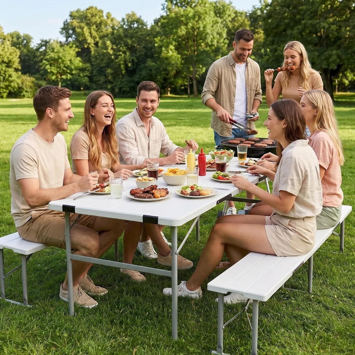GUAGUA 6ft Picnic Folding Table with Benches, Foldable Portable Camping & Patio Table for Outdoor Dining, Beach, Tailgate, Backyard Parties(White)