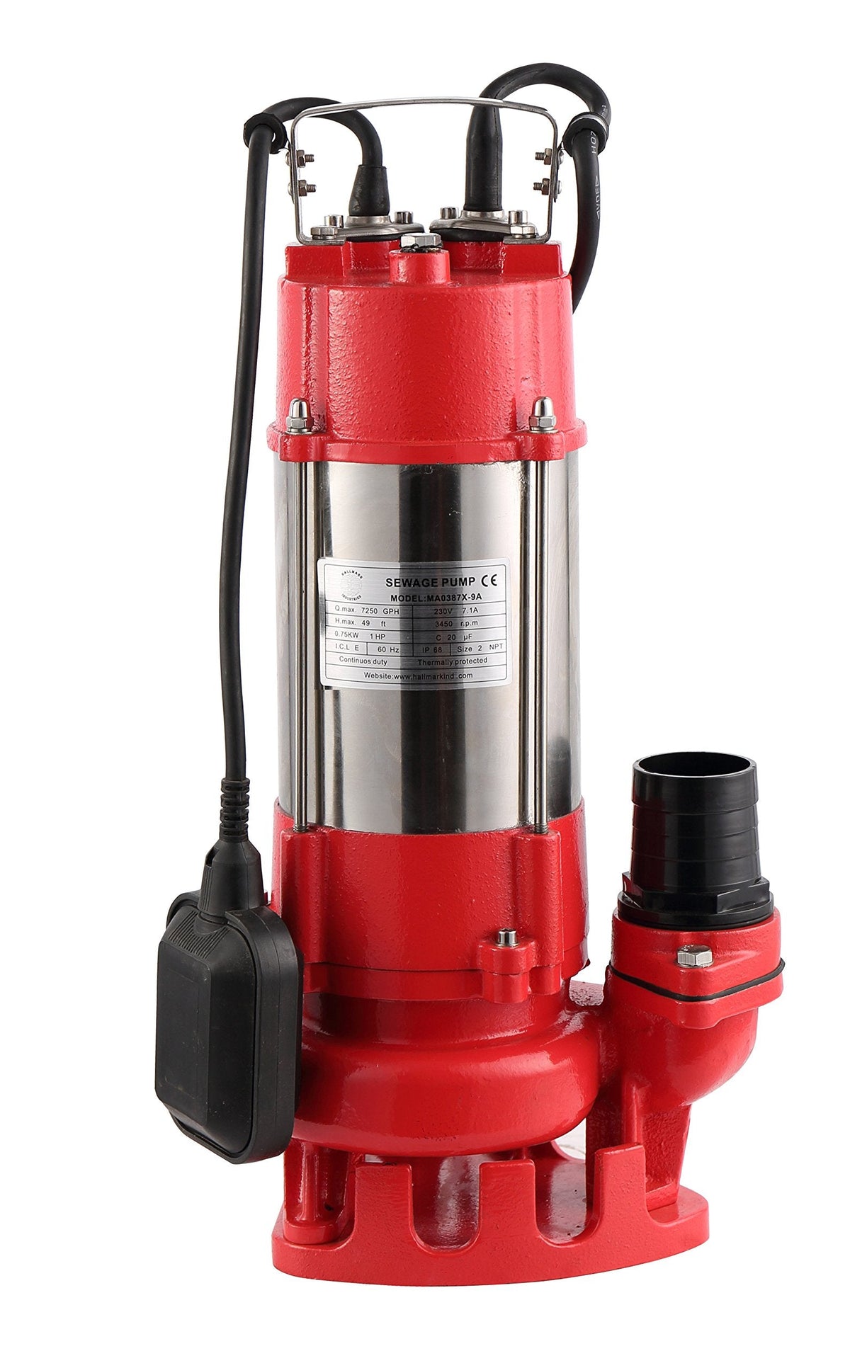 Hallmark Industries MA0387X-9A Sewage Pump with Float Switch, 7250 gpm, Stainless Steel, Heavy Duty, 1 hp, 230V, 49' Lift, 20' Cable