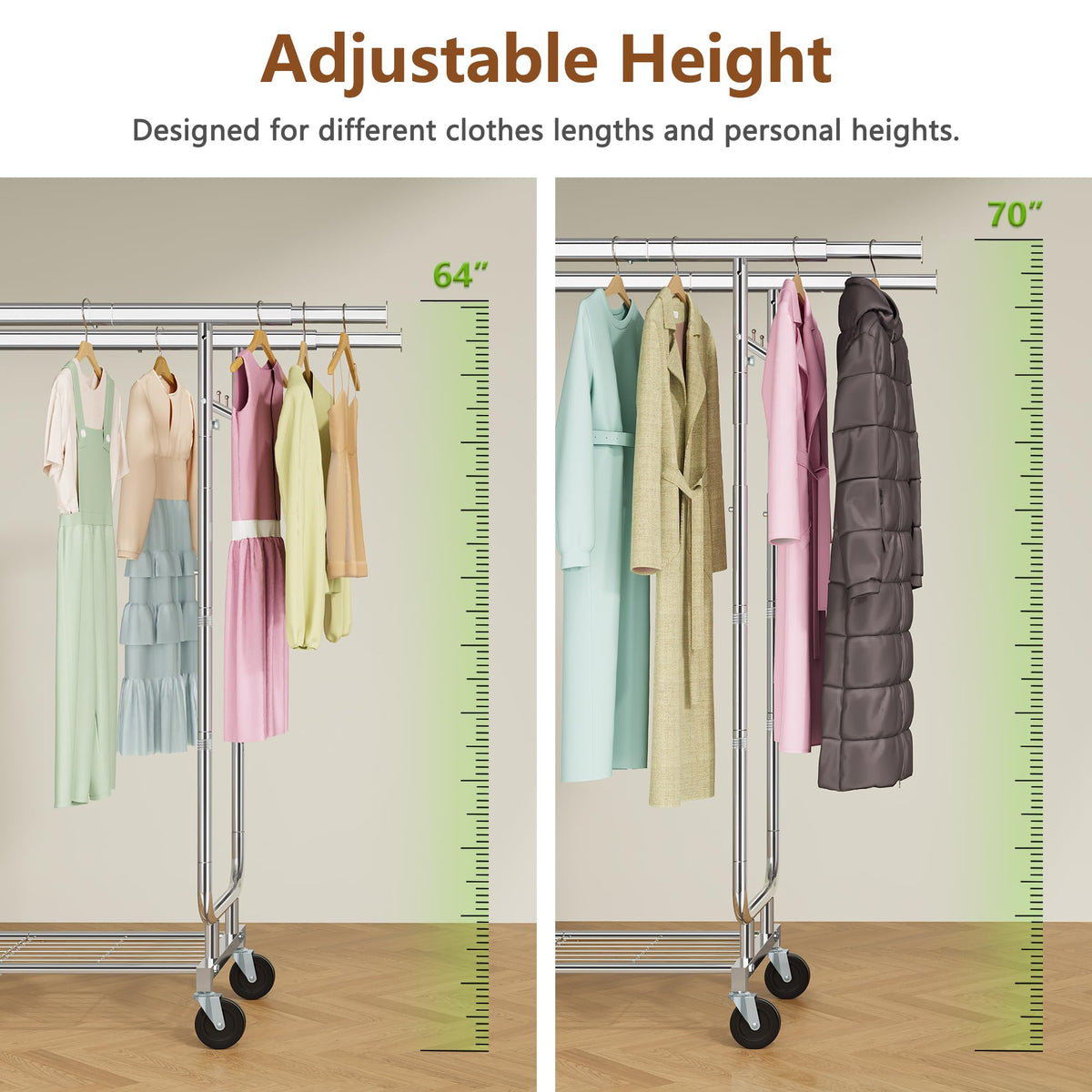Heavy Duty Rolling Clothes Rack, 620 LBS Load Double Rod Adjustable Garment Rack with Storage Shelves & Lockable Wheels, Portable Clothing Rack for Hanging Clothes for Bedroom, Laundry Living Room