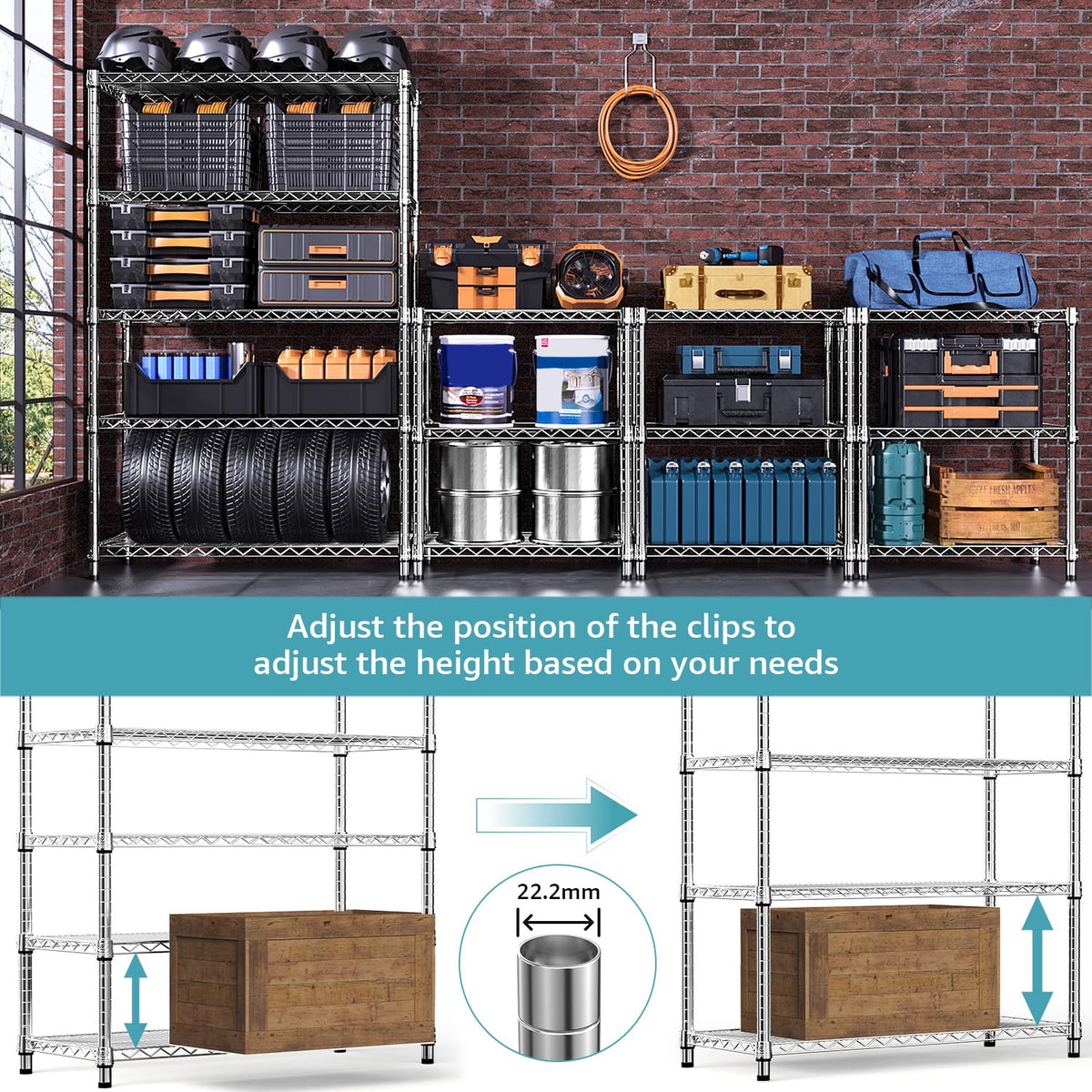 M MZG 5-Shelf Storage Shelves,Wire Shelving Heavy Duty Metal Storage Shelving Unit Adjustable Garage Shelving Rack Pantry Kitchen (Chrome, 5 Tier,17.7" D x 47.2" W x 76.7" H)