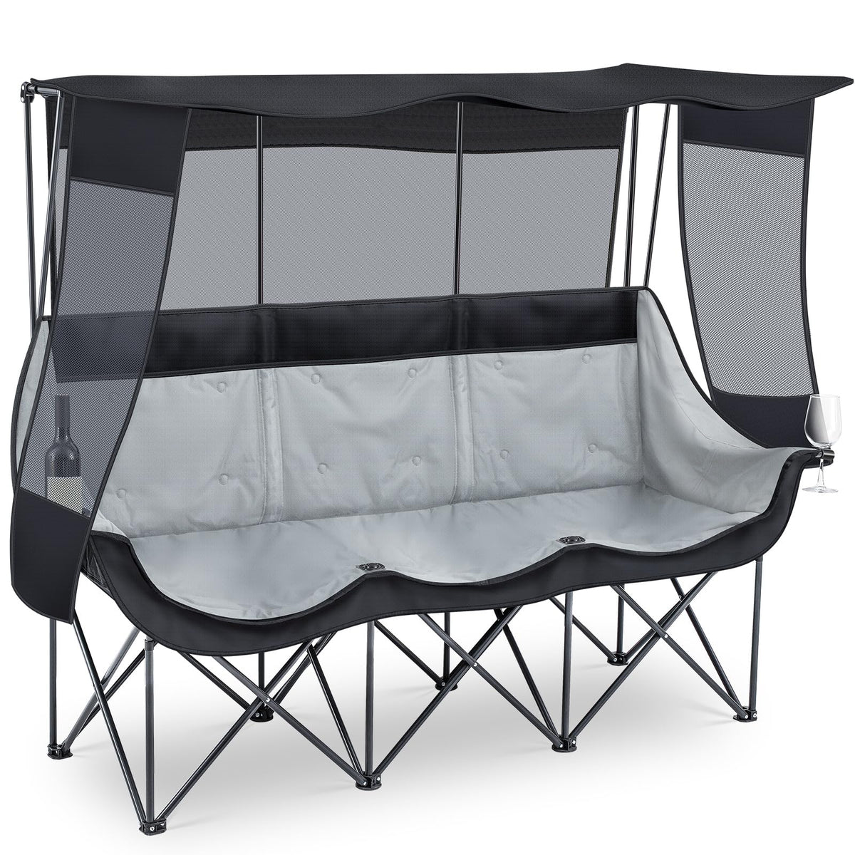 Teenyyou 3 Person Camping Chair with Canopy – Ultimate UV Sun Protection, 700lbs Heavy Duty Oversized Beach Chair, Foldable Portable Sofa with Cup Holder & Storage for Beach Lawn Outdoor(Black)