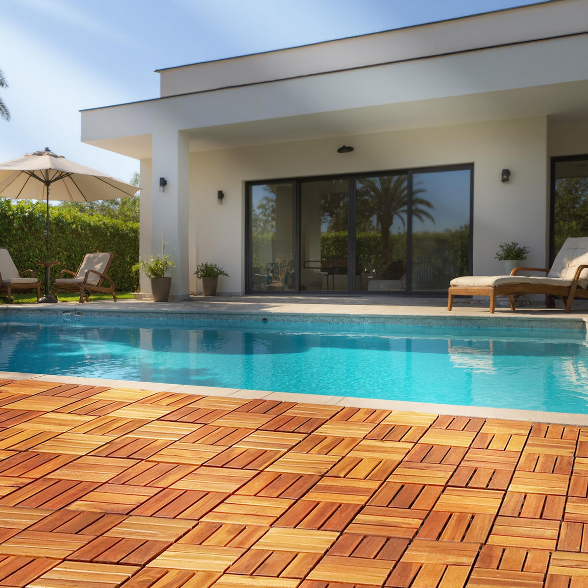 Tranquillo Interlocking Deck Tiles 12”x12”, Acacia Wood Patio Tiles, Waterproof Flooring Tiles for Indoor and Outdoor – Non-Slip, Easy Installation (Natural - Crossed Pattern, 30 Pcs - 30 Square Ft)