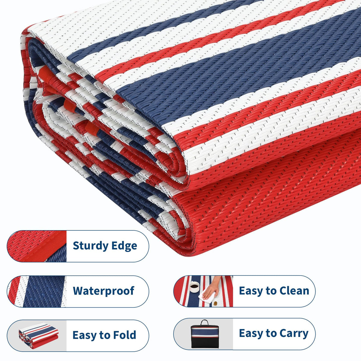 IDEALHOUSE Outdoor Rug 9x18 Ft, Waterproof Plastic Reversible Rug, Modern Camping Mat for Outdoors, RV, Patio, Backyard, Deck, Picnic, Beach, Trailer(Red & Navy & White)