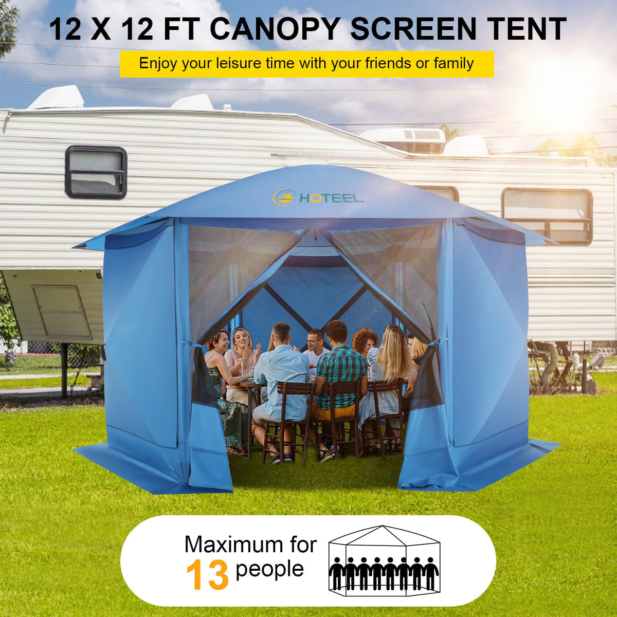 COBIZI 12x12FT Pop Up Gazebo Screen Tent Screen House for Camping, Screen Room with Mosquito Netting, Hub Tent Instant Screened Canopy with Carrying Bag and Ground Stakes, Brown