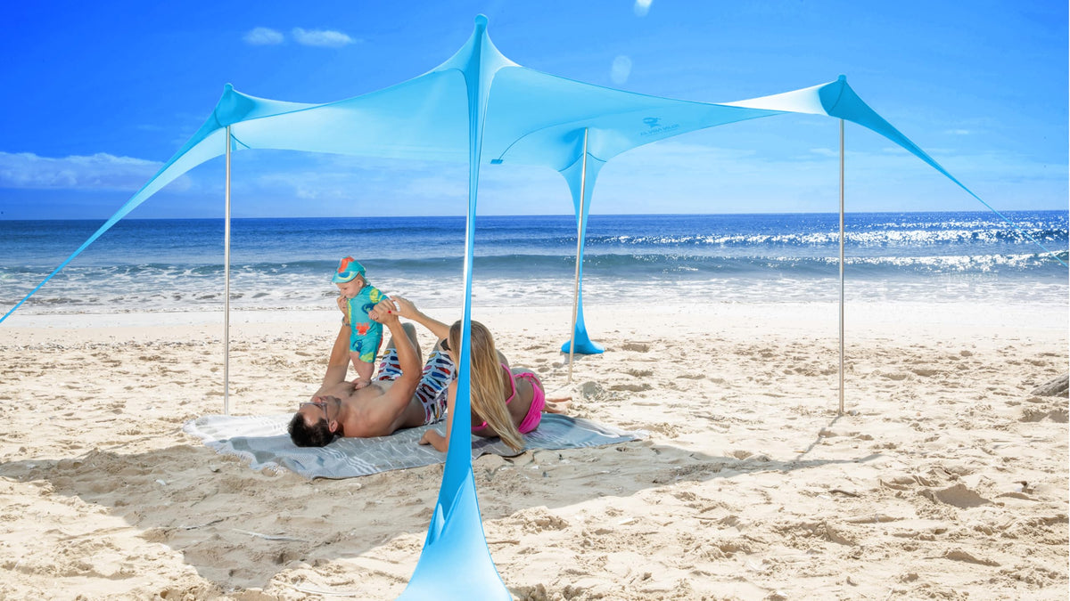 SUN NINJA Beach Tent Sun Shelter UPF50+ - Easy Pop Up Beach Canopy - Outdoor Shade for Camping Trips, Fishing, Backyard Fun Picnics - Sand Shovel, Ground Pegs & Stability Poles