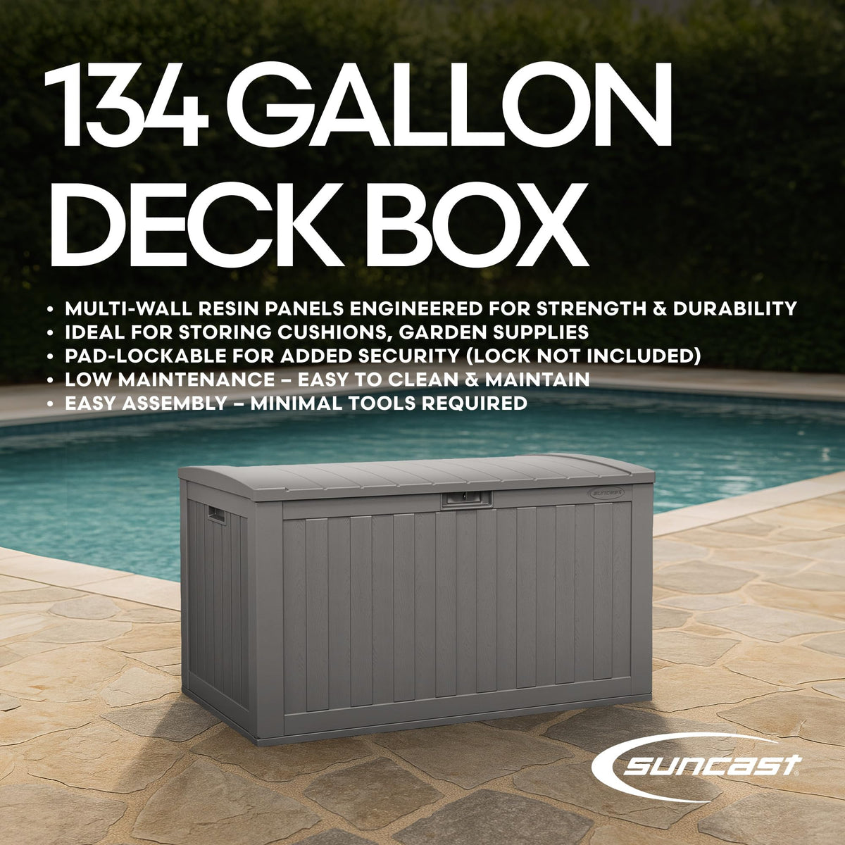 Suncast 134-Gal. Resin Extra-Large Outdoor Patio Deck Box with Pad-Lockable Lid, Modern Outdoor Patio Bench/Storage Box for Cushions, Garden Tools, and More, Dove Gray