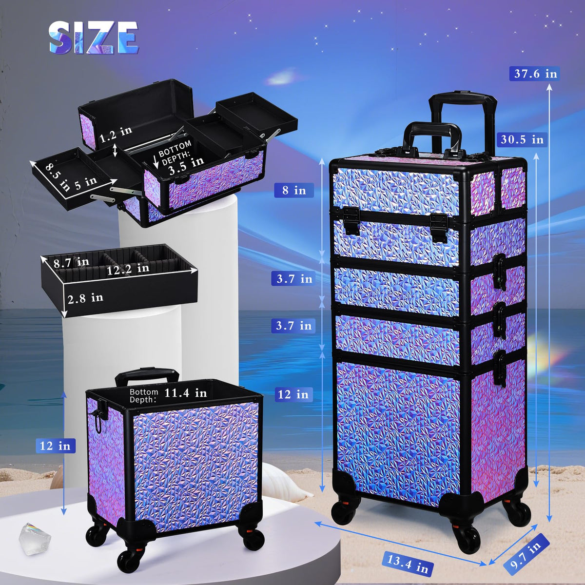Stagiant Rolling Makeup Case Cosmetology Case on Wheels 4 in 1 Makeup Travel Case Extra Large Cosmetic Box with Key Make Up Artist Traveling Storage Nail Case Salon Barber Cart Trunk Shiny Purple
