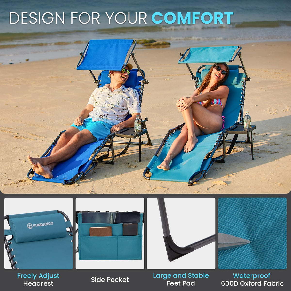 FUNDANGO 400lbs Tanning Chair with Face Hole & Canopy & Side Table, 5 Positions Beach Sunbathing Lounge Chair Facedown Chaise Lounge with Pillow for Pool Outdoor Camping Patio, Set of 2 Cyan