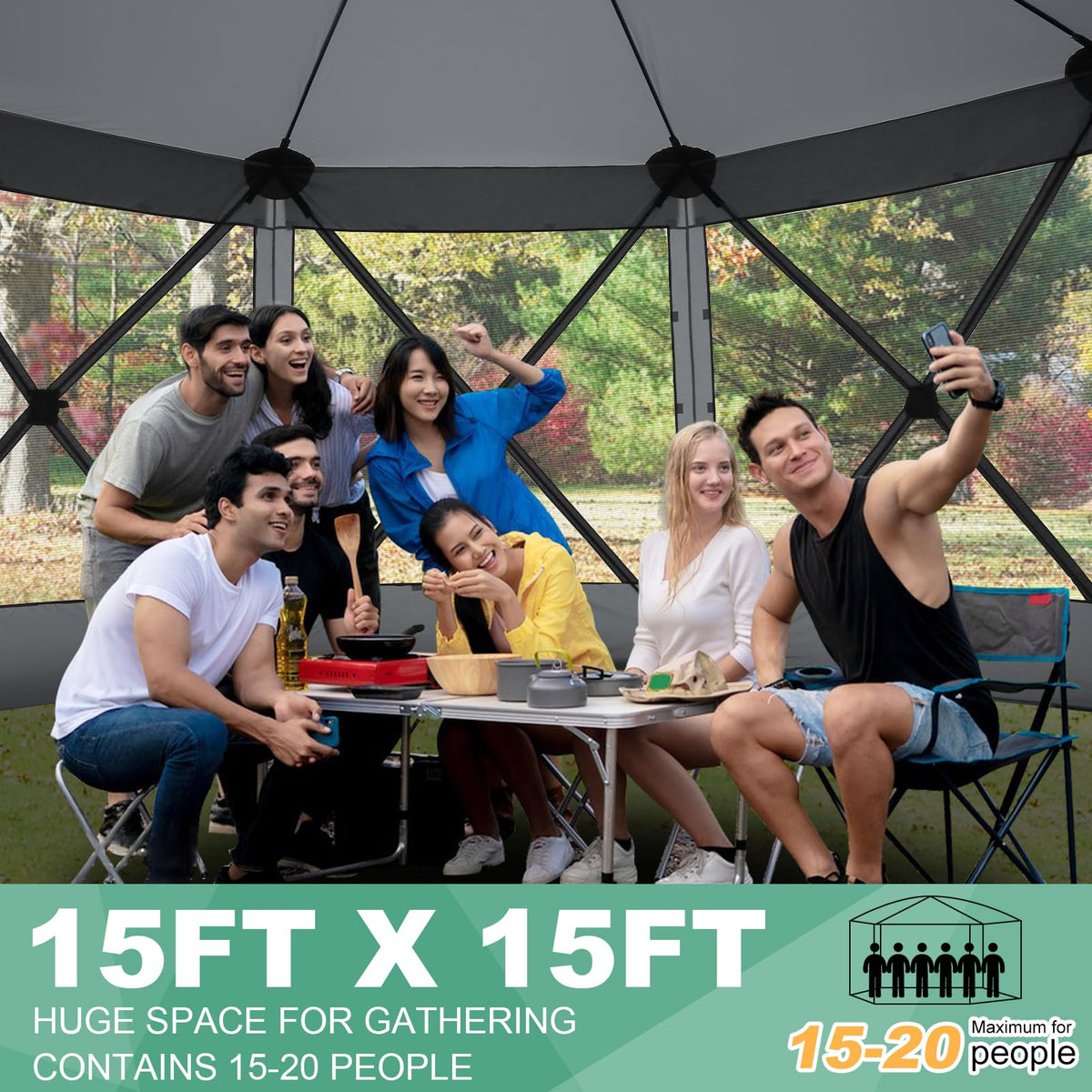 COBIZI 15x15 FT Pop Up Gazebo - Canopy Tent, Large Gazebos On Clearance,Instant Screened in Gazebo,carpas para Patio,Portable Screen Tents for 12-15 Persons Outdoor Camping, Backyard,Gray