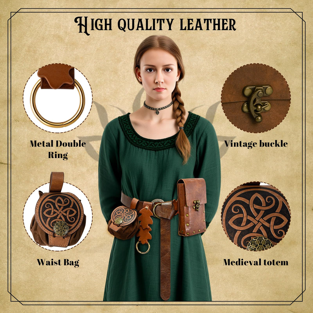 Renaissance Belt Pouch for Women, Medieval Belts Leather Waist Bag Fair Belt Renaissance Accessories for LARP Halloween Cosplay Costume (Brown-1)
