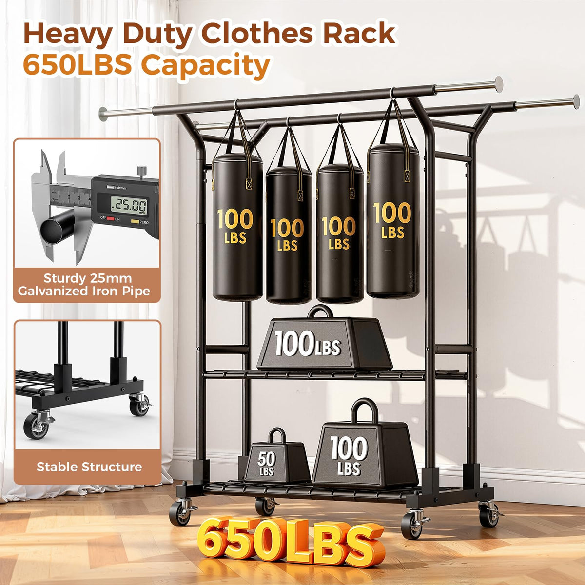 Luxspire Heavy Duty Clothes Rack Load 650 LBS, Double Rod Clothing Racks for Hanging Clothes, Rolling Garment Racks with Lockable Wheels, Shelves, Adjustable Laundry Hanging Rack, Black