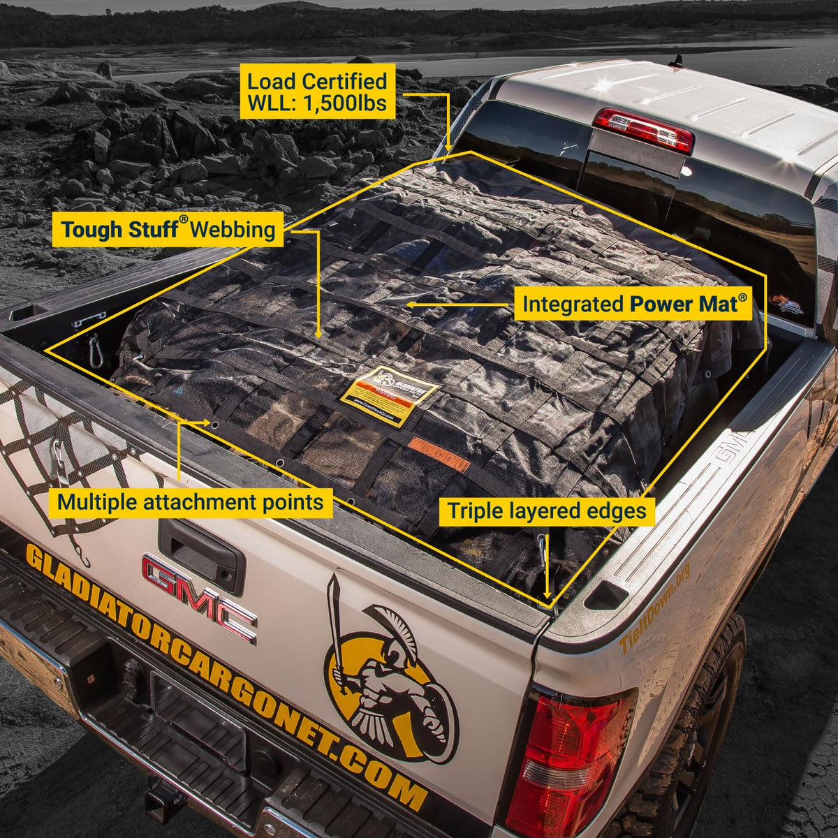 GLADIATOR CARGO NETS - Heavy Duty Cargo Net - Truck Accessory - Cargo Carrier -Truck Organizer - Medium-Trailer-Pickup-Boat-Jeep-SUV-Camping-(WLL): 1,500 lbs (MGN-100) 6.75' x 8' ft.