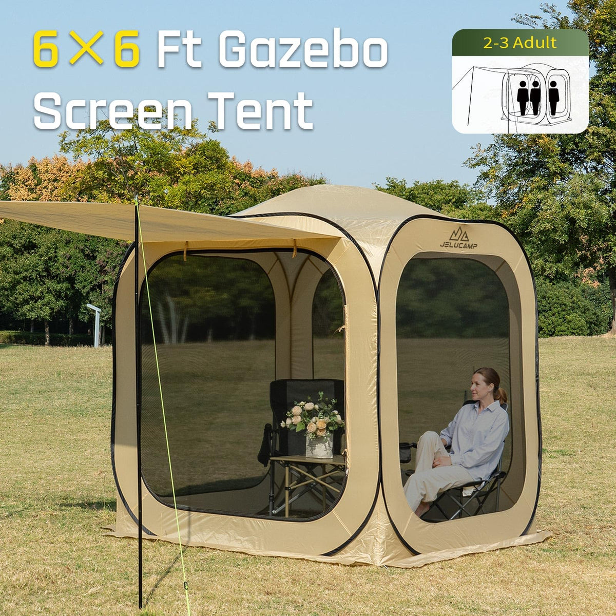 JELUCAMP 6x6 FT Pop Up Screen House Tent - Instant Screened Gazebo Canopy with Mosquito Net, Portable Backyard Tent for 4-6 People, Easy Setup Patio Shelter for Camping, BBQ, Sports & Outdoor
