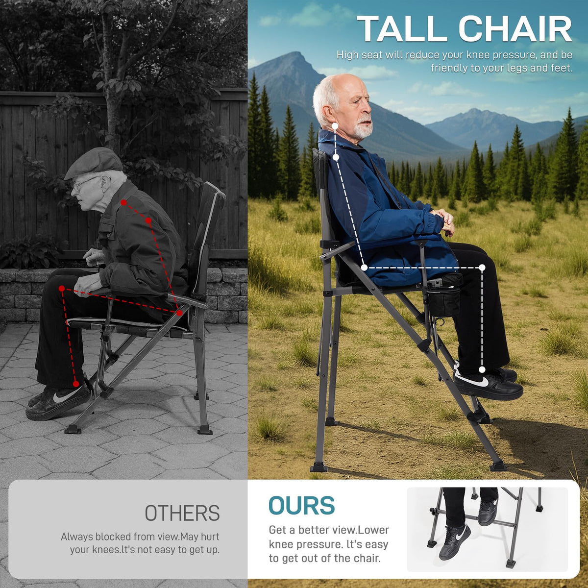 EVER ADVANCED Tall Camping Directors Chair with Cup Holder 31", Bar Height Folding Chair for Camping, Sports with Carry Bag, Mesh Pockets and Footrest, Heavy Duty 300 lbs, Black