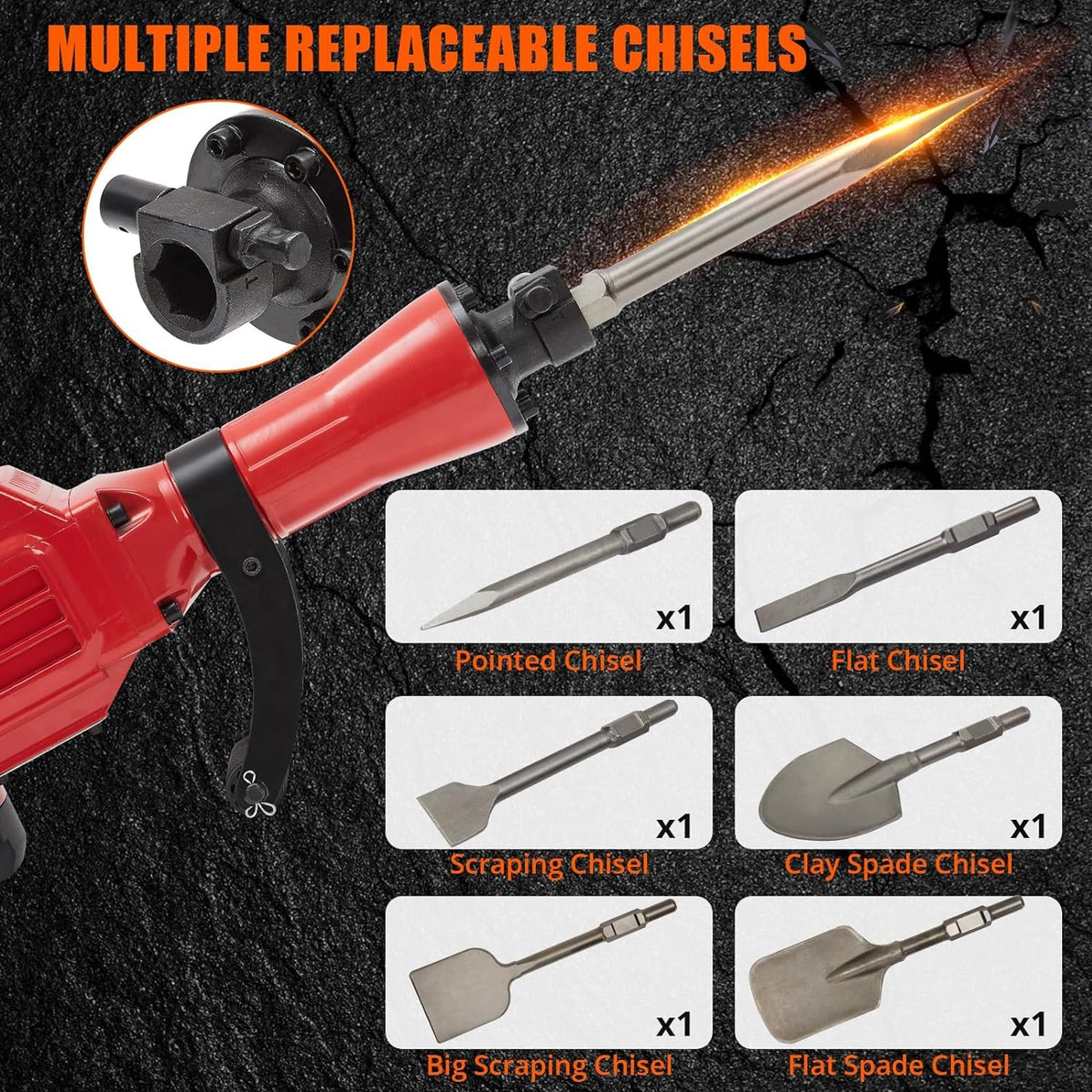 Demolition Jack Hammer 3600W 6PCS Chisels Bit Set W/Case, Jack Hammer Concrete Breaker Tool Kit, Noise-Canceling Earplug, Shoulder Strap
