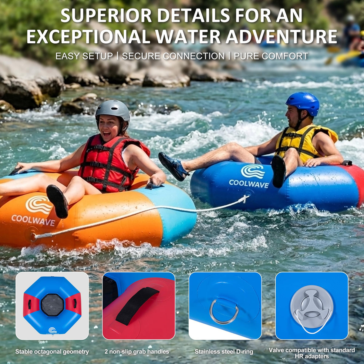 COOLWAVE Inflatable River Tube with Hand Pump, Heavy-Duty River Tubes for Floating, 43" Floating Tube with Mesh Seat for River, Lake, and Whitewater, Float Tube for Family and Friends, 300LBS Capacity
