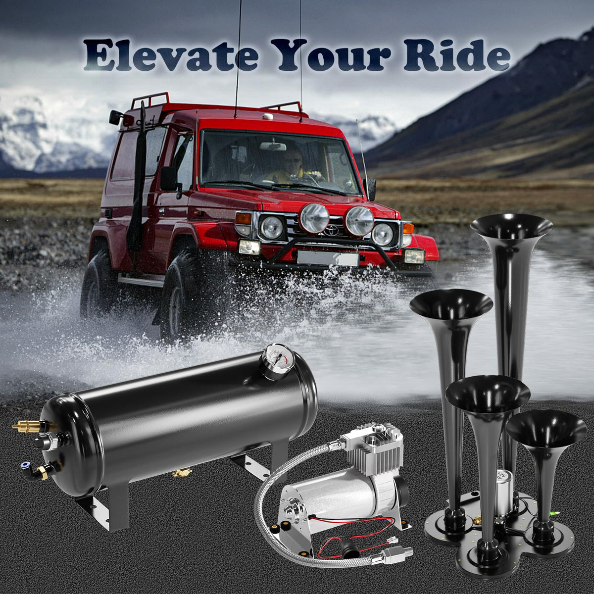 150DB Train Air Horn Kit, 4 Horn Kits for 150 PSI 12V Air Compressors, Ultra Loud Air Horn With Built-in 90-120 PSI Pressure Switch and Temperature Controller for Truck Complete Kit, Black 1.59 Gallon