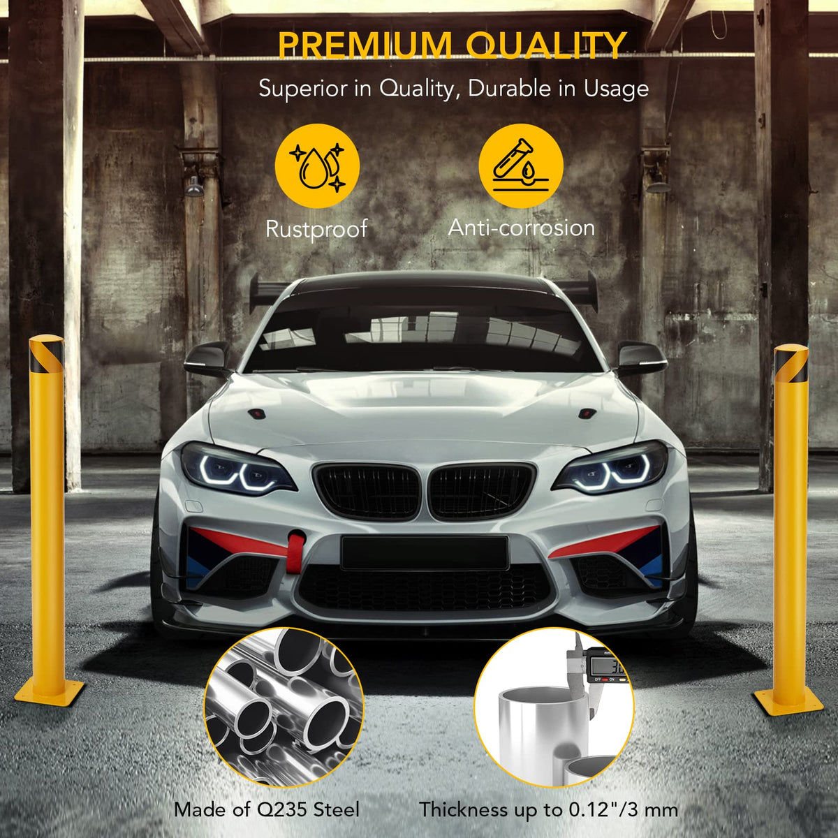 Safety Bollard Post 6 Packs, PeakPursuit 42 Inch Height Steel Bollards, 4.5 Inch Diameter Parking Bollard, Yellow Powder Coated Safety Parking Barrier Post, for Traffic Sensitive Areas
