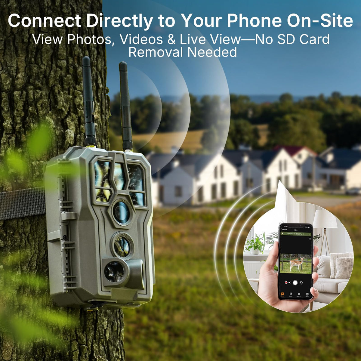 GardePro E8 2.0 Pro WiFi Trail Camera (Non-Cellular), Dual Antennas, Stable Connection, 4K Video, Rechargeable Battery, 64GB SD Card, On-Site App Viewing, No-Glow Night Vision, Motion Detection