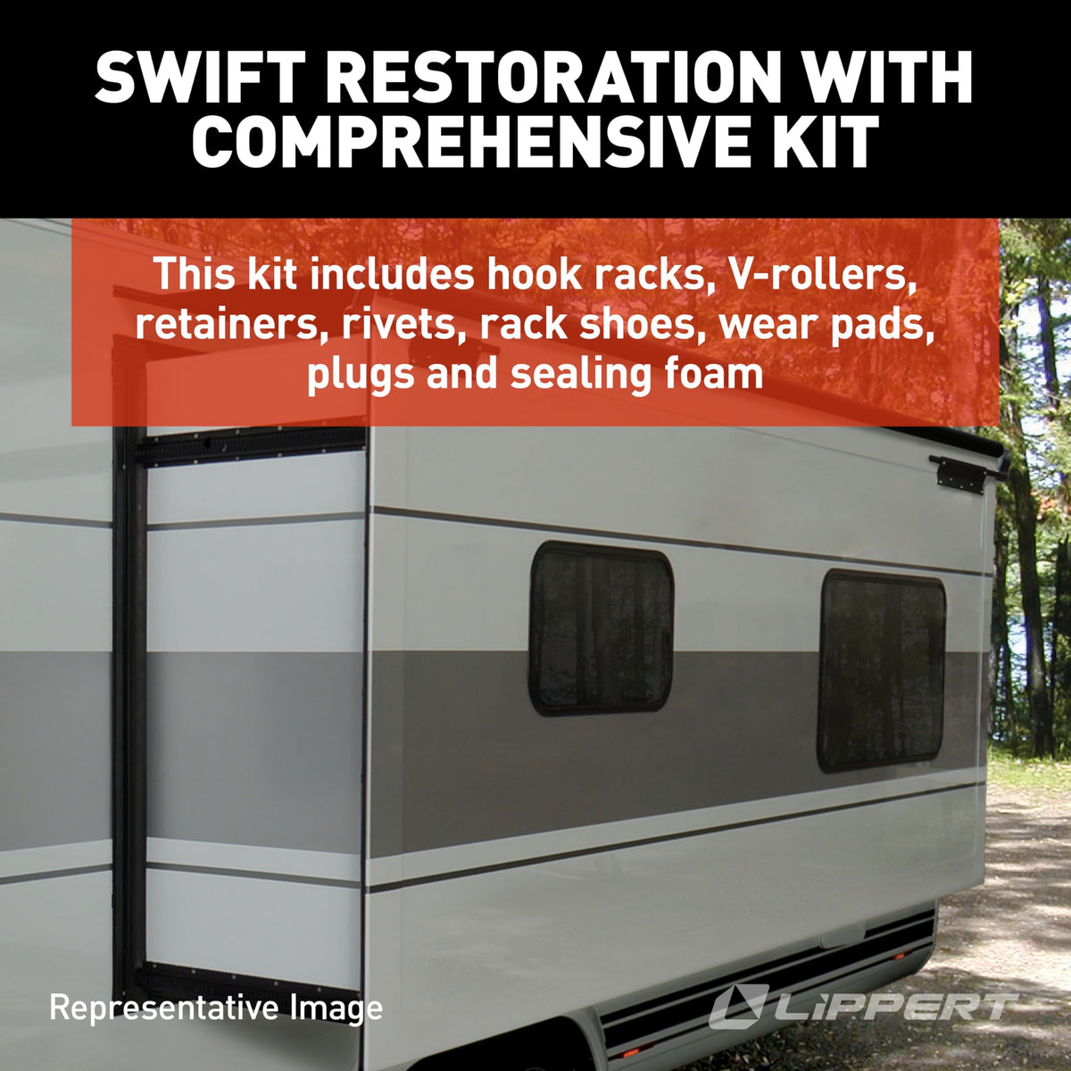 Lippert in-Wall Replacement Triple Rack Repair Kit for RV Slide-Out Systems with Hook Racks, V-Rollers, Retainers, Rivets, Rack Shoes, Wear Pads, Plugs, Sealing Foam, Fixed Side, Black - 366214