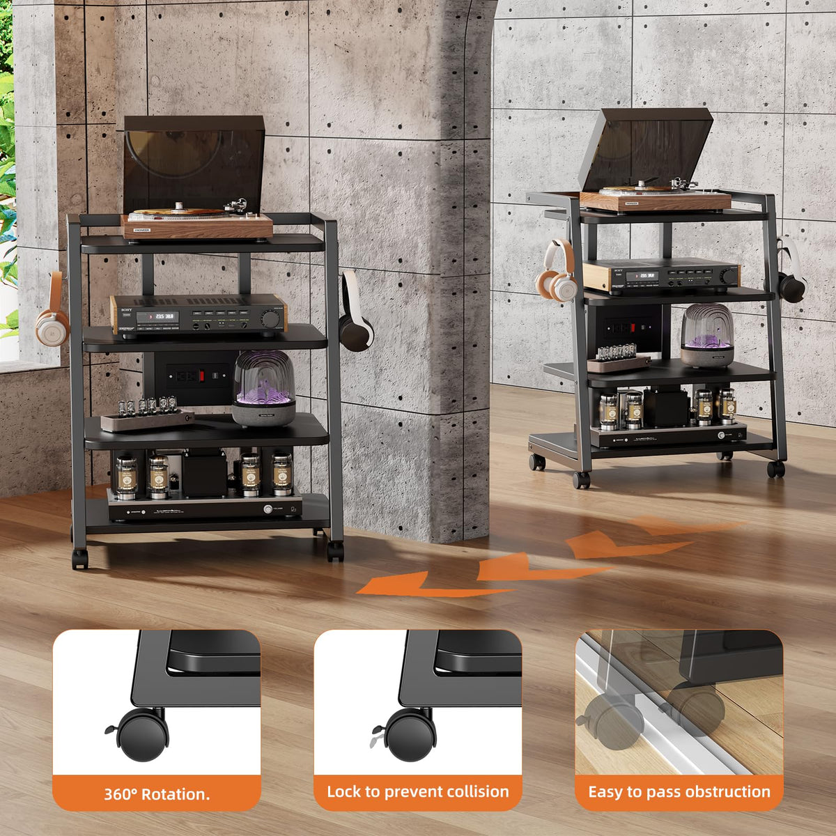 CABTE Mobile AV Media Stand with Outlets and 4 Rolling Caster Wheels, 4-Tier Rolling TV Stand for Gaming Console, Stereo, DVD Player, Sturdy Metal Frame, Versatile Living Room,Bedroom (Black)
