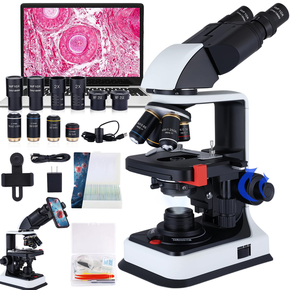 40X-2500X Binocular Microscope, WF10x and WF25x Eyepieces, LED Illumination, with Specimen Handpiece Holder, for Beginners, Microscope for Adults