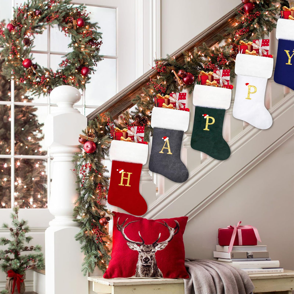 20 Inches Monogram Christmas Stockings, Purple Velvet with White Super Soft Plush Cuff Embroidered Letter Christmas Stocking, Personalized Xmas Stocking for Xmas Tree Holiday Fireplace Family Decor（B）