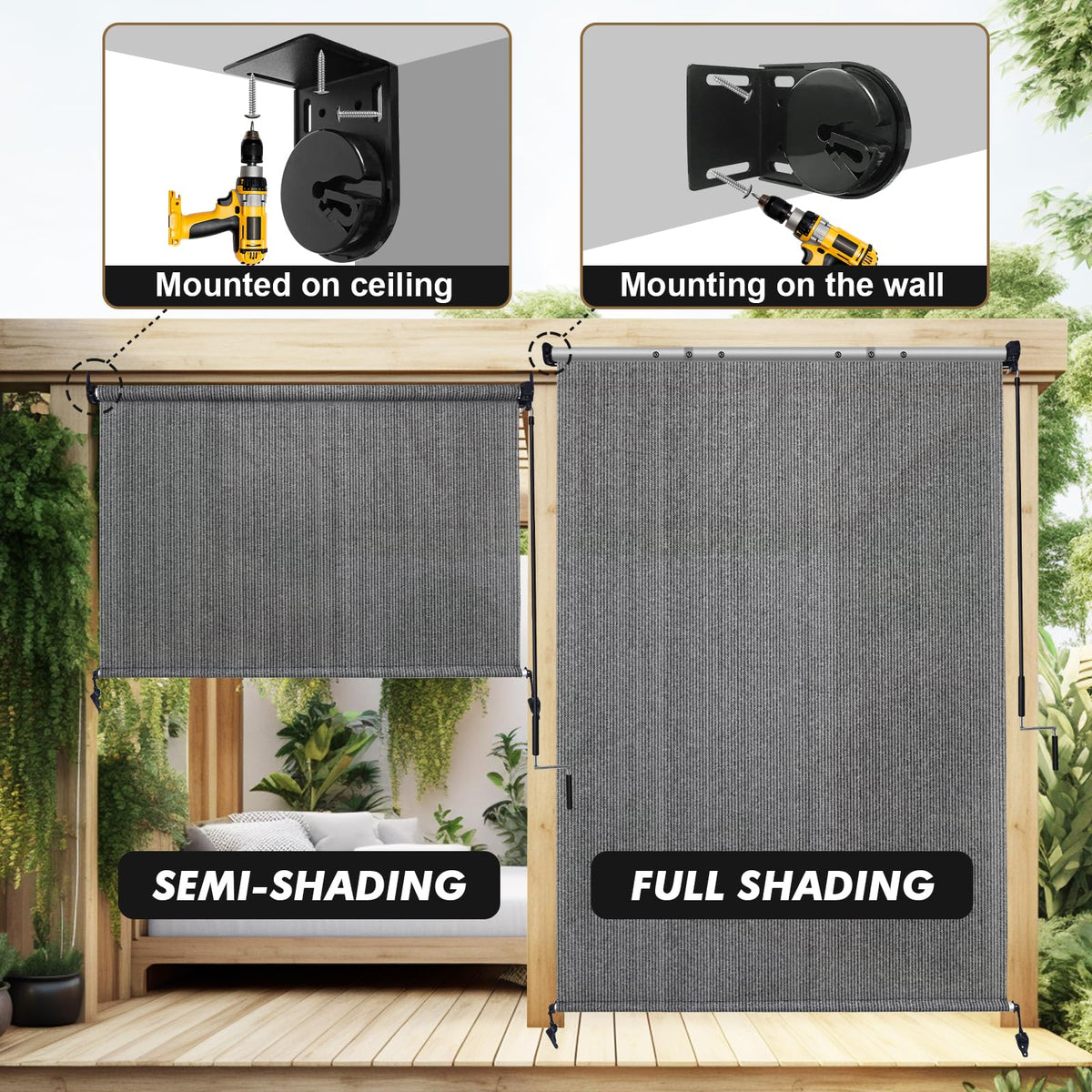 Artpuch Outdoor Roller Shade 9' W x 8' H, Gray Exterior Cordless Patio Shades Roll Up Blinds with Spliced Pole Design, One-Piece Fabric